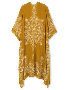 Graphic Print Kimono, For Summer Beach Vacation - Mustard Yellow - View 2