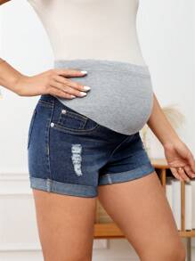 SHEIN Maternity Wideband Waist Ripped Roll Hem Denim Shorts