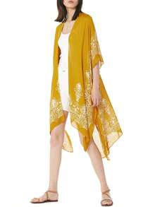 Graphic Print Kimono, For Summer Beach Vacation - Mustard Yellow - View 4