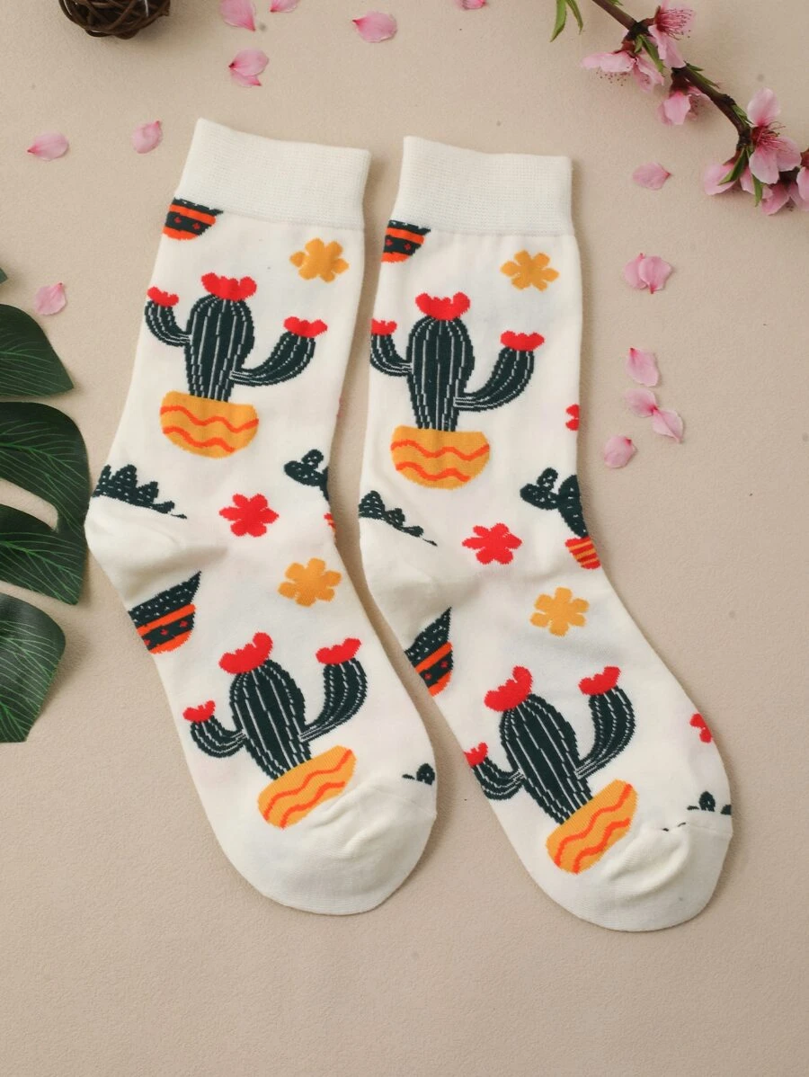 1pc Women Cactus Pattern Casual Crew Socks, For Daily Life - Multicolor - View 1
