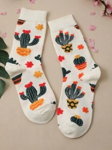 1pc Women Cactus Pattern Casual Crew Socks, For Daily Life - Multicolor - View 2