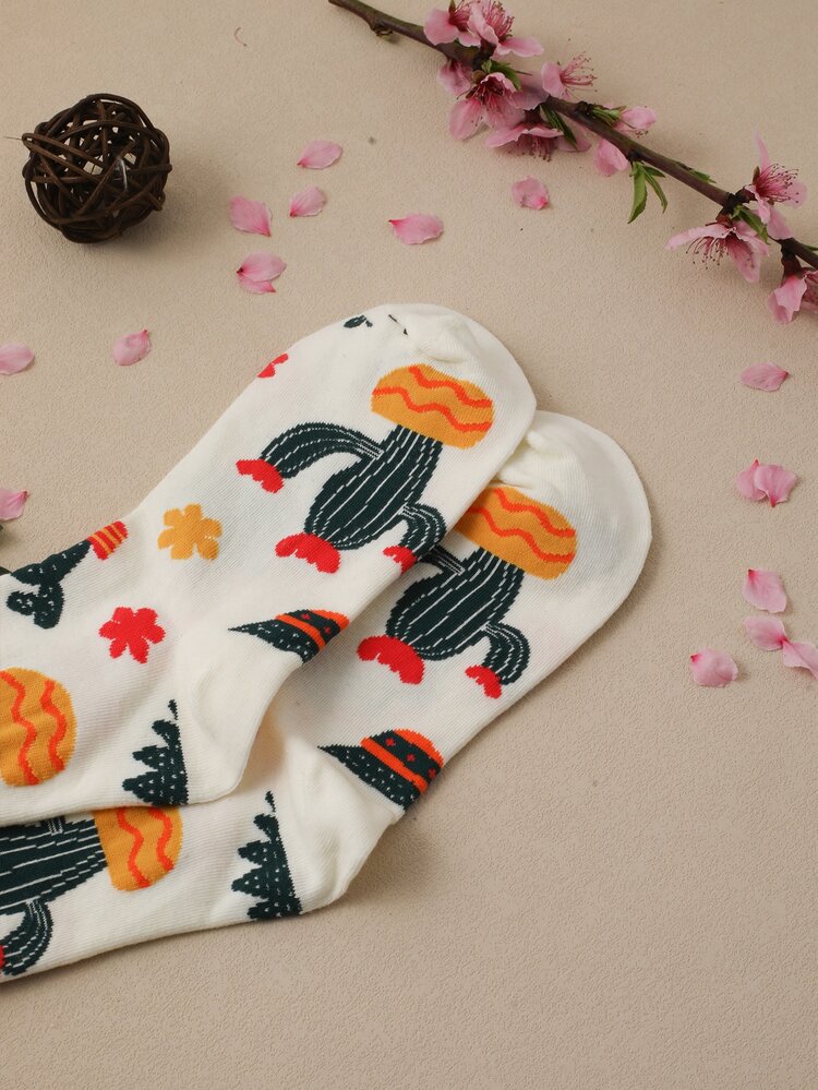 1入組女士仙人掌圖案休閒襪子適合日常生活 - 彩色 - 查看 3