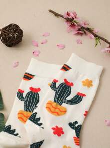 1pc Women Cactus Pattern Casual Crew Socks, For Daily Life - Multicolor - View 4