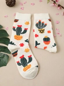 1pc Women Cactus Pattern Casual Crew Socks, For Daily Life - Multicolor - View 5