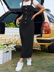 SHEIN EZwear Váy denim nữ Túi Nút phía trước màu trơn Giải trí - màu đen - Xem 1