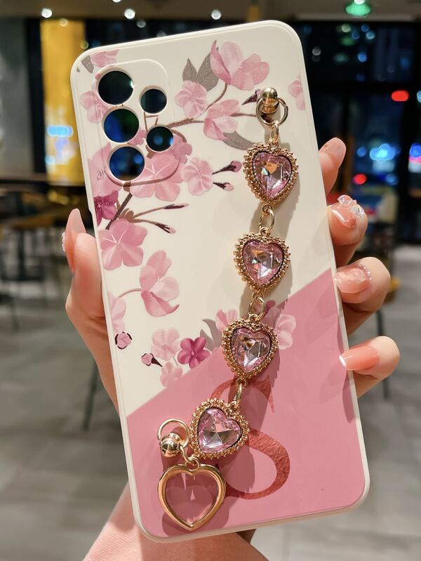 Compatible With Iphone 16 Pink Floral Pattern Phone Case With Hand Strap Compatible With IPhone15/15Plus/15Pro/15Promax,International Version, Not The Domestic Version
