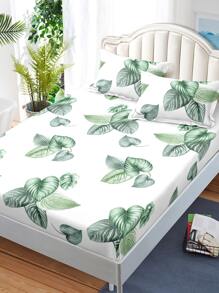 1pc Leaf Pattern Fitted Sheet, Fabric Fitted Bottom Sheet For Bedroom - Green - View 1