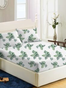 1pc Leaf Pattern Fitted Sheet, Fabric Fitted Bottom Sheet For Bedroom - Green - View 3