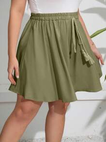 SHEIN Holidaya Quần Short kích thước lớn mép Thắt nút Thắt nơ trước màu trơn Giải trí - xanh quân đội - Xem 3