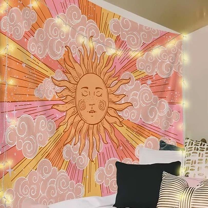 Güneş ve Bulut Desenli Goblen, Oda Bayrağı, Oda Dekoru, Goblen, Duvar Dekoru, Duvar Sanatı, Ev Dekoru, Oda Eşyaları, Oda Bayrakları, Goblenler, Duvar Gobleni