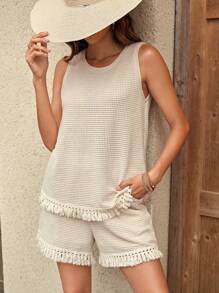 SHEIN VCAY Bộ đồ hai mảnh nữ Túi màu trơn Boho - Màu be - Xem 1