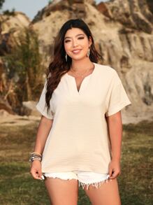 SHEIN LUNE Plus Notched Neck Batwing Sleeve Blouse - Apricot - View 2