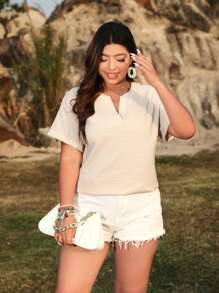 SHEIN LUNE Plus Notched Neck Batwing Sleeve Blouse - Apricot - View 4