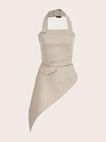 Aveloria Affinna Women's Summer Fashionable Solid Color Asymmetric Hem Halter Neck Top