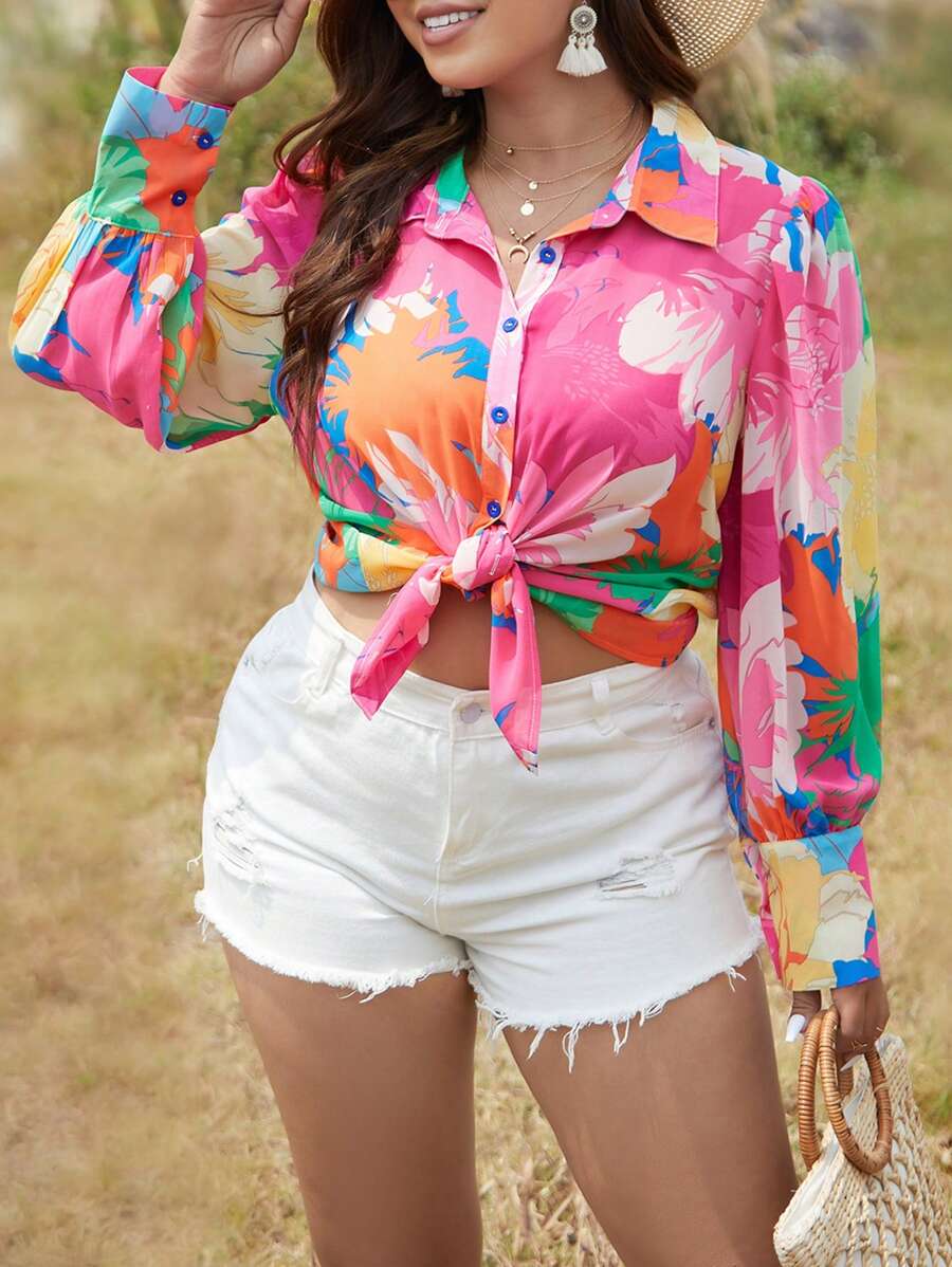 SHEIN Holidaya Plus Floral Print Button Front Shirt - Multicolor - View 1