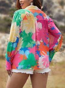 SHEIN Holidaya Plus Floral Print Button Front Shirt - Multicolor - View 2