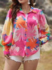 SHEIN Holidaya Plus Floral Print Button Front Shirt - Multicolor - View 3
