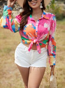 SHEIN Holidaya Plus Floral Print Button Front Shirt - Multicolor - View 5