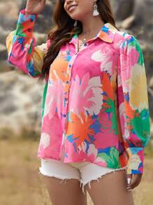 SHEIN Holidaya Plus Floral Print Button Front Shirt - Multicolor - View 6