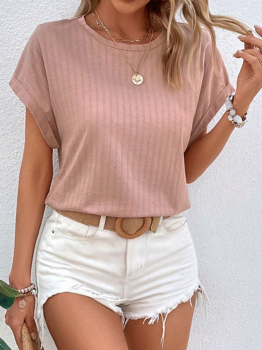 SHEIN LUNE Solid Batwing Sleeve Tee - Dusty Pink - View 1