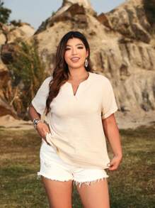 SHEIN LUNE Plus Notched Neck Batwing Sleeve Blouse - Apricot - View 6