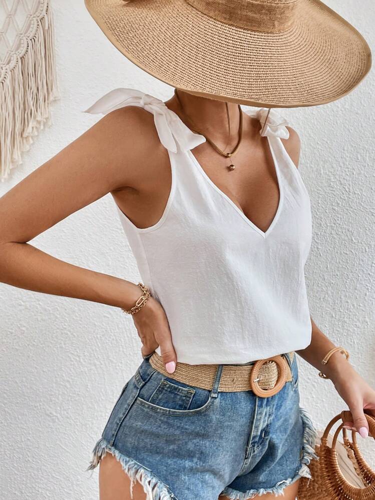 SHEIN VCAY Solid Tie Shoulder Tank Top Summer Clothes - White - View 6