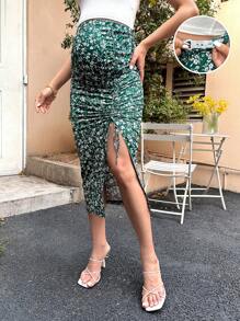 SHEIN Maternidad Falda con estampado floral con cordón de muslo con abertura - Multicolor - Ver 1
