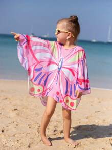 SHEIN 年輕女孩可愛粉色蝴蝶形網紗罩衣,舒適透氣,適用於夏季假期防曬