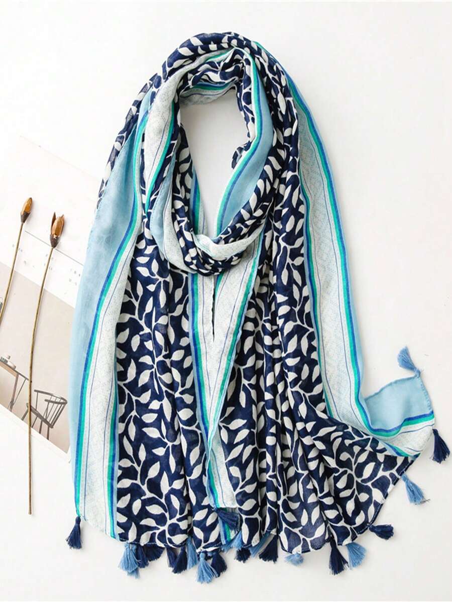 1 件简约印花围巾，女士透气流苏披肩，优雅风格时尚真丝围巾，适合春夏季，可用作彩色超大围巾、户外防晒毛巾、沙滩围巾或头巾配饰女士 - 藍色 - 查看 1