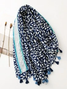 1 件简约印花围巾，女士透气流苏披肩，优雅风格时尚真丝围巾，适合春夏季，可用作彩色超大围巾、户外防晒毛巾、沙滩围巾或头巾配饰女士 - 藍色 - 查看 3