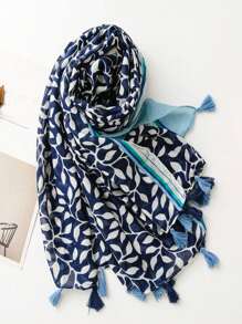 1 件简约印花围巾，女士透气流苏披肩，优雅风格时尚真丝围巾，适合春夏季，可用作彩色超大围巾、户外防晒毛巾、沙滩围巾或头巾配饰女士 - 藍色 - 查看 4