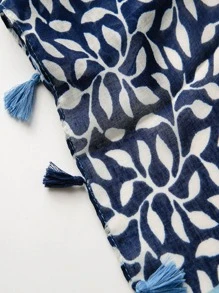 1 件简约印花围巾，女士透气流苏披肩，优雅风格时尚真丝围巾，适合春夏季，可用作彩色超大围巾、户外防晒毛巾、沙滩围巾或头巾配饰女士 - 藍色 - 查看 5