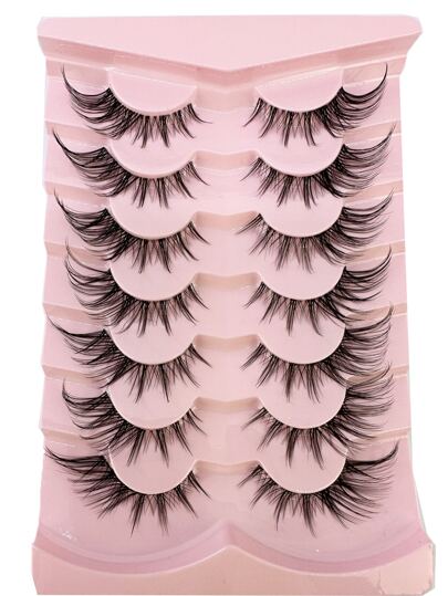 HBZGTLAD 7pairs Pink Fluffy Cat Eye Style Faux Mink Eyelashes Natural Long Full Stripe False Eyelash Wing Tip Extension Soft Lashes