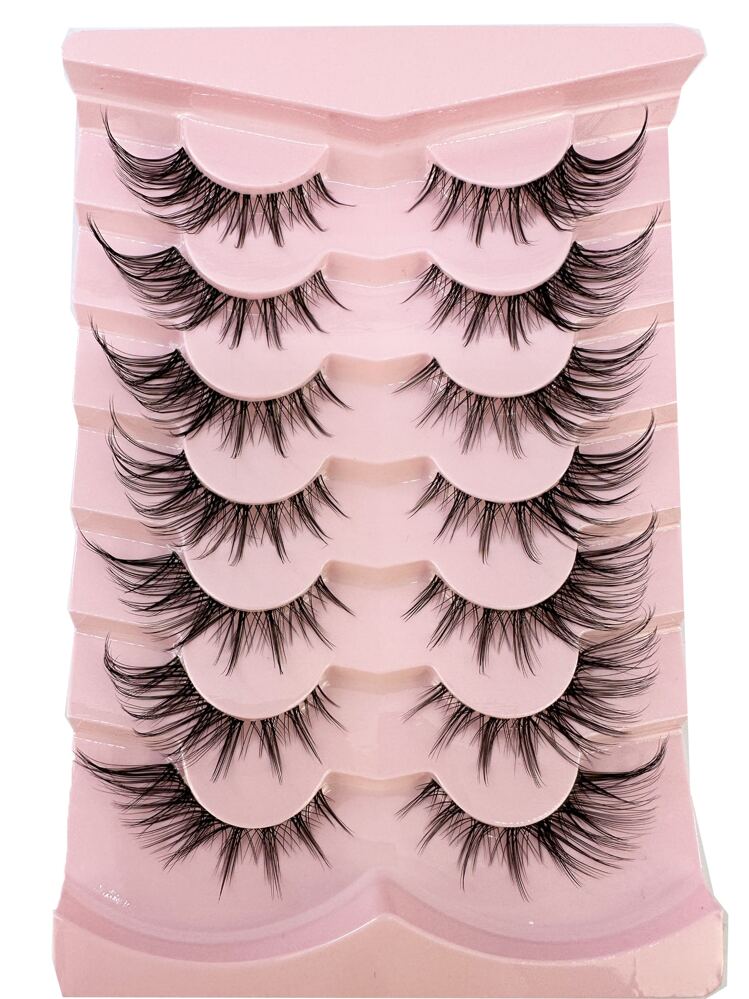 HBZGTLAD 7 pares de pestañas postizas de estilo de ojo de gato rosa esponjoso de imitación de visón, extensiones de pestañas naturales largas y completas con rayas, puntas en forma de ala, suaves - Negro - Añade 1