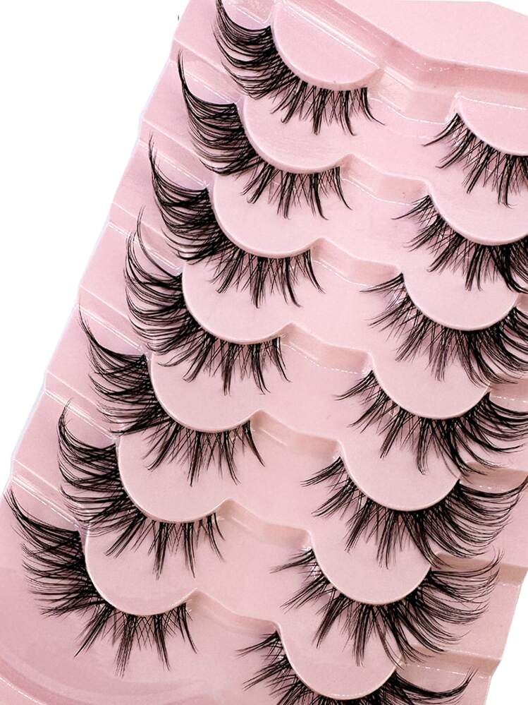 HBZGTLAD 7 pares de pestañas postizas de estilo de ojo de gato rosa esponjoso de imitación de visón, extensiones de pestañas naturales largas y completas con rayas, puntas en forma de ala, suaves - Negro - Añade 5