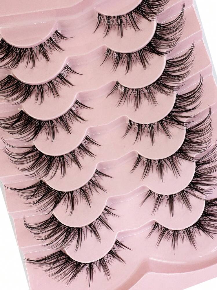 HBZGTLAD 7pairs Pink Fluffy Cat Eye Style Faux Mink Eyelashes Natural Long Full Stripe False Eyelash Wing Tip Extension Soft Lashes - Black - View 6