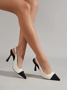 Fall/Winter Elegant Slingback Pumps For Women, Tweed Two Tone Pyramid Heeled Pumps, Elegant, Kitten Heels, Party - Black and White - View 2
