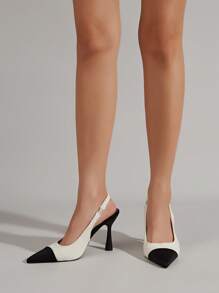 Fall/Winter Elegant Slingback Pumps For Women, Tweed Two Tone Pyramid Heeled Pumps, Elegant, Kitten Heels, Party - Black and White - View 4