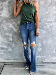 CILKOO Solid Halter Top - Green - View 4