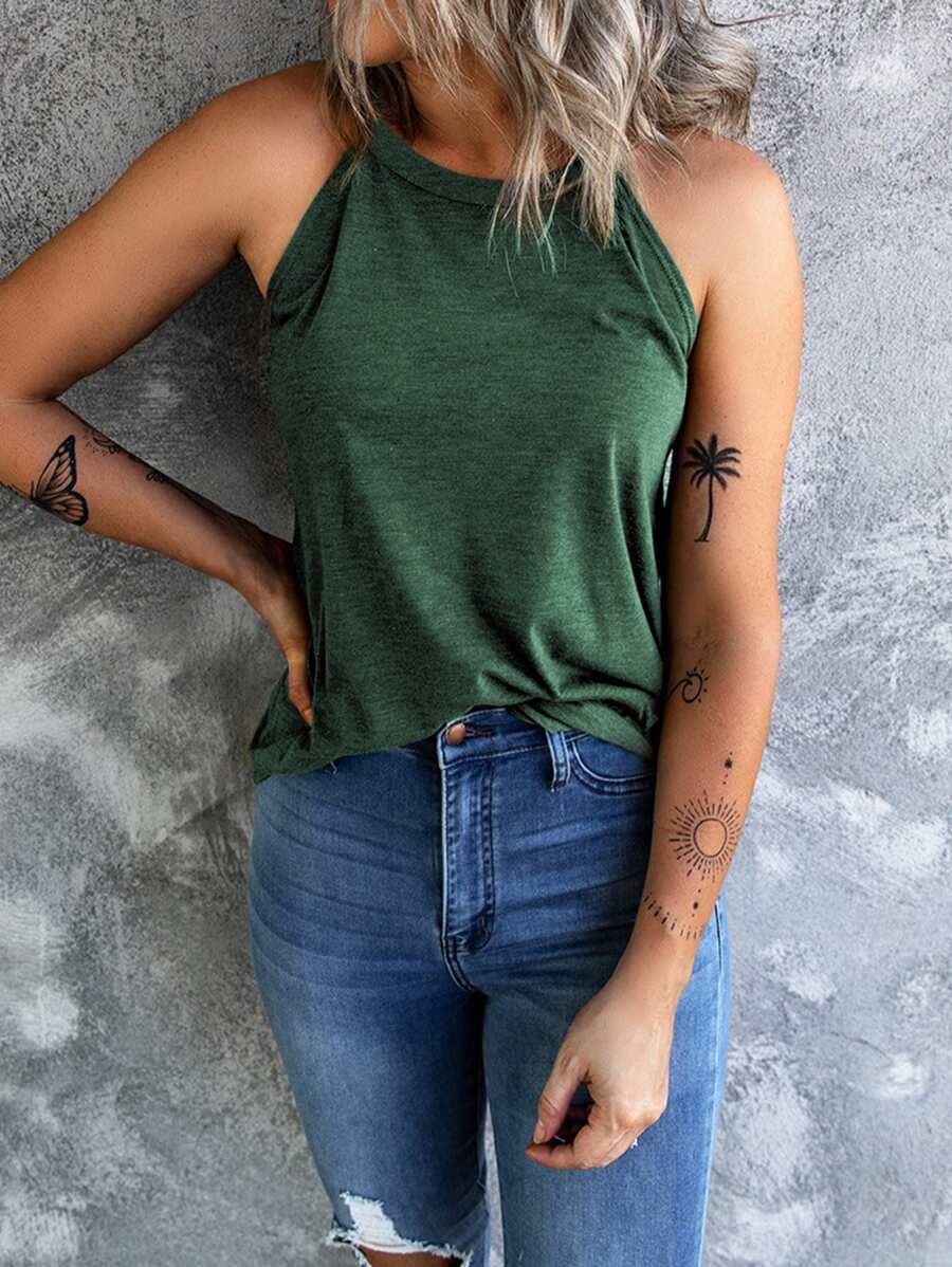 CILKOO Solid Halter Top - Green - View 1