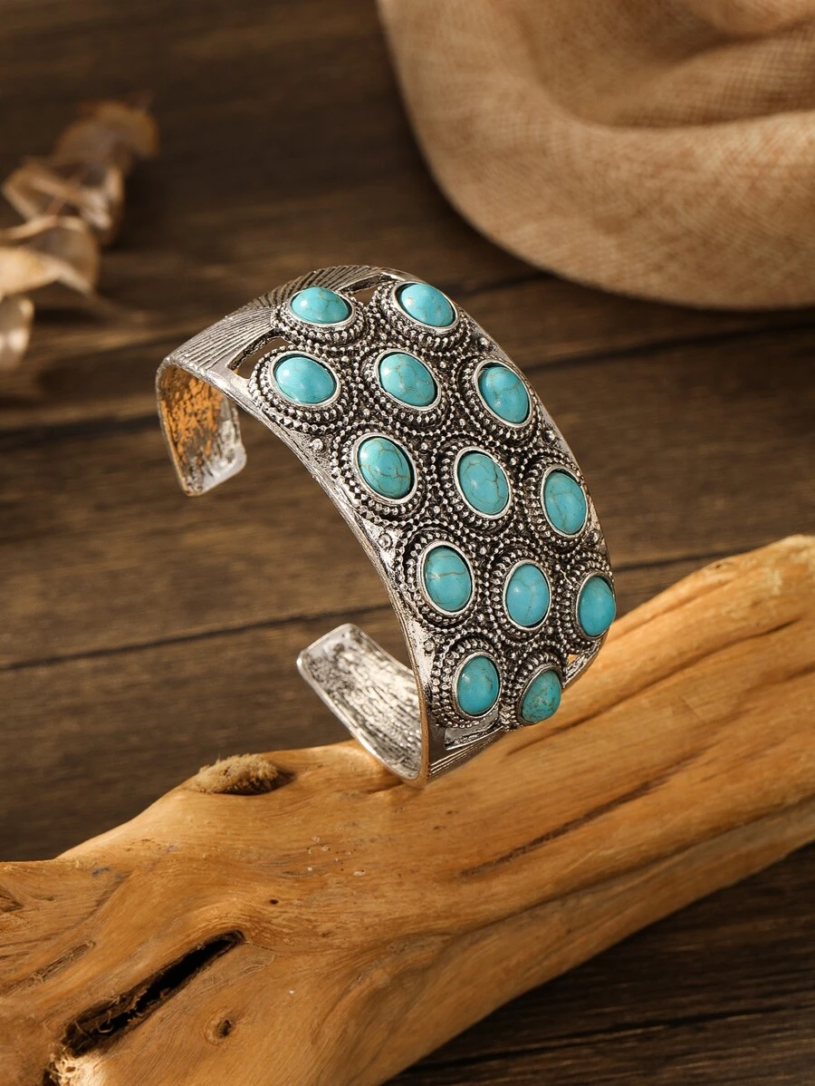 1入組復古鋅合金綠松石裝飾紋理質感開口手鐲適合女士日常裝飾 - 彩色 - 查看 1