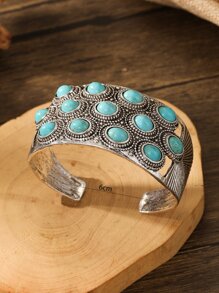 1入組復古鋅合金綠松石裝飾紋理質感開口手鐲適合女士日常裝飾 - 彩色 - 查看 3