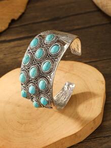 1入組復古鋅合金綠松石裝飾紋理質感開口手鐲適合女士日常裝飾 - 彩色 - 查看 4