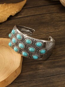 1入組復古鋅合金綠松石裝飾紋理質感開口手鐲適合女士日常裝飾 - 彩色 - 查看 5