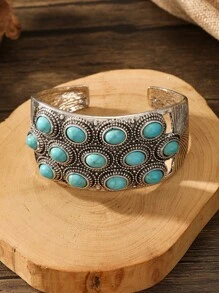 1入組復古鋅合金綠松石裝飾紋理質感開口手鐲適合女士日常裝飾 - 彩色 - 查看 6