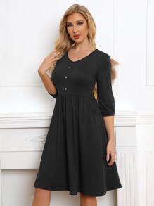 Solid Button Front A-line Dress