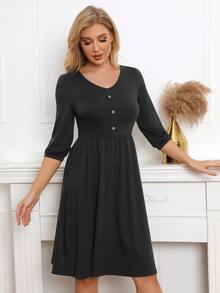 Solid Button Front A-line Dress
