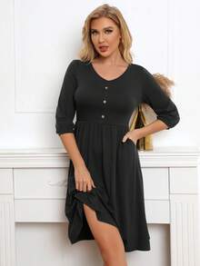 Solid Button Front A-line Dress