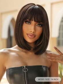 黑色短款鲍勃假发，带刘海，14 英寸黑色直发，女士日常服装假发，合成耐热假发 - 彩色 - 查看 3