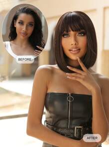 黑色短款鲍勃假发，带刘海，14 英寸黑色直发，女士日常服装假发，合成耐热假发 - 彩色 - 查看 4